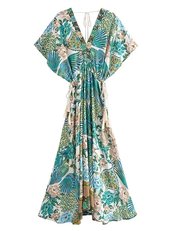 Vintage Chic Women Peacock Floral Print Bat Sleeve Beach Bohemian Maxi Dresses Ladies V Neck Tassel Summer Rayon Dress - Image 5