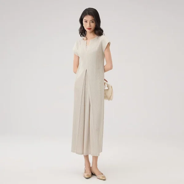 2025 Summer New Women's Slimming V-neck Dress, High-end Short Sleeved Waist Cinching Elegant Temperament Commuting Long Skirt - Image 3