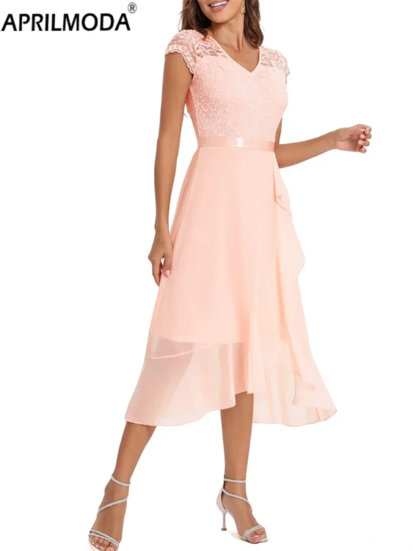 Elegant Chiffon Short Bridesmaid Dress V Neck Patchwork Lace Short Front Long Back High Low Prom Gowns Ruffle Office Aline Dress - Image 2