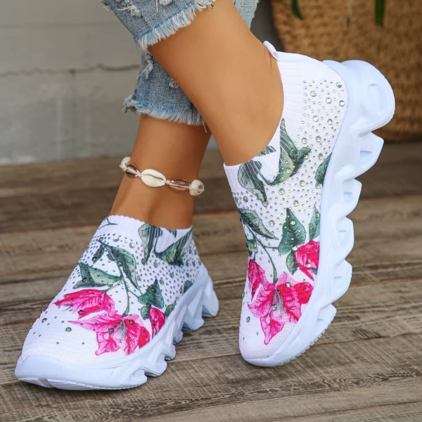 Crystal Floral Women's Knitted Sneakers Summer 2024 New Breathable Air Mesh Casual Shoes Woman Light Weight Walking Sports Flats - Image 2