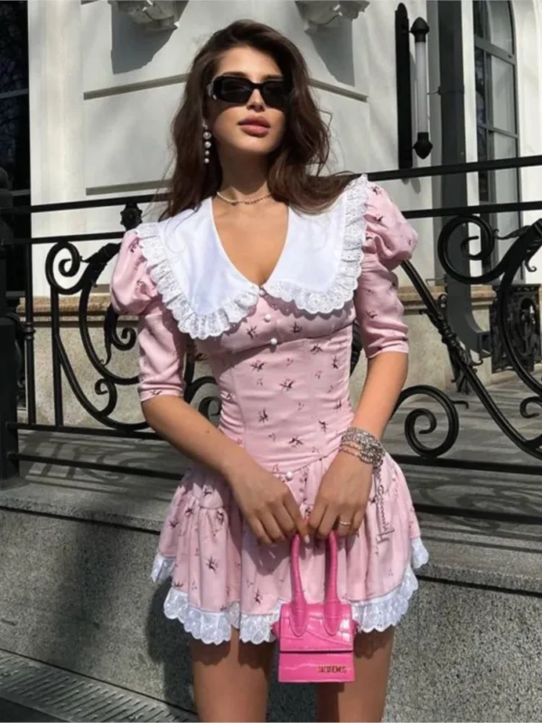 Summer Floral Printed Patchwork Mini Dress Female V-Neck Short Sleeve Slim Fashion Elegant Party Dresses Gown For Women Vestidos - Image 2