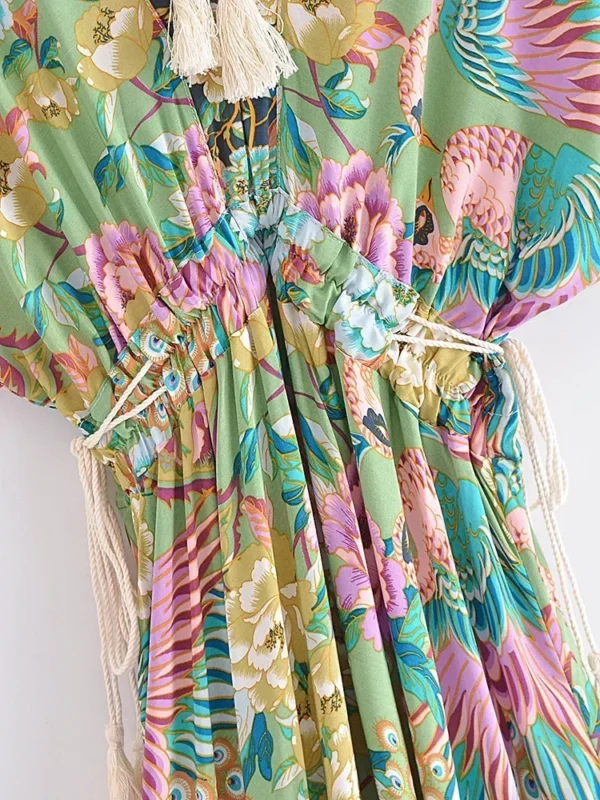 Vintage Chic Women Peacock Floral Print Bat Sleeve Beach Bohemian Maxi Dresses Ladies V Neck Tassel Summer Rayon Dress - Image 4