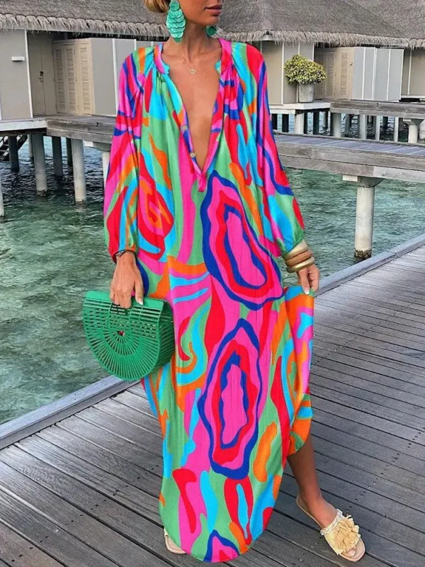 Women Boho Print Loose Beach Dress 2025 Spring Summer Elegant Deep V-Neck Maxi Dress Ladies Sexy Long Sleeve Oversized Dresses - Image 2
