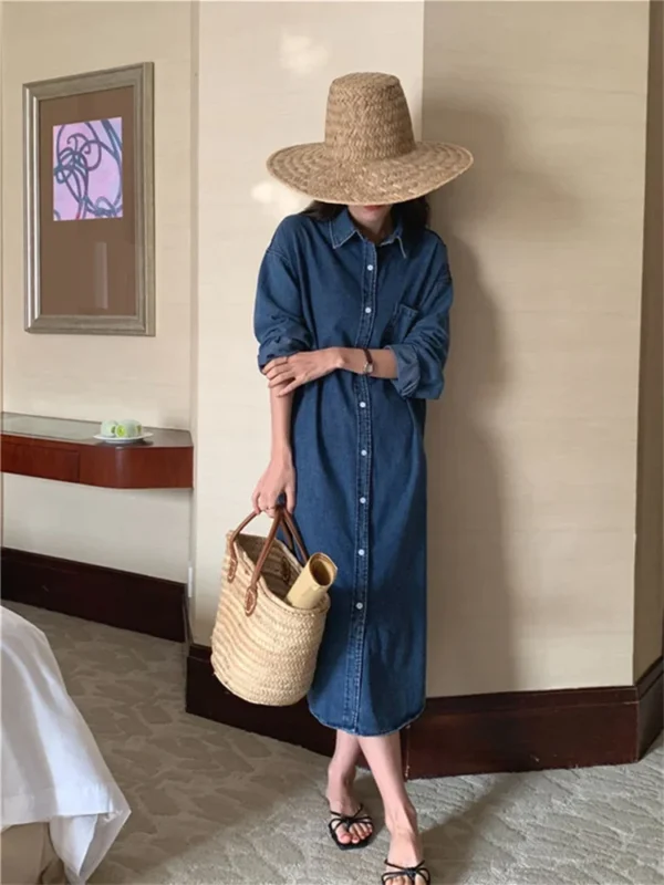 Spring Summer Women Casual Denim Shirt Dress Loose Long Sleeve Cardigan Dress Korea Ladies Womens Denim Shirt Long Dresses - Image 4