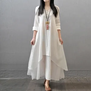 Winter Summer Long Dress Women Long Sleeve Loose V-neck Elegant Dresses Party 2023 New Vintage Chinese Style Dress