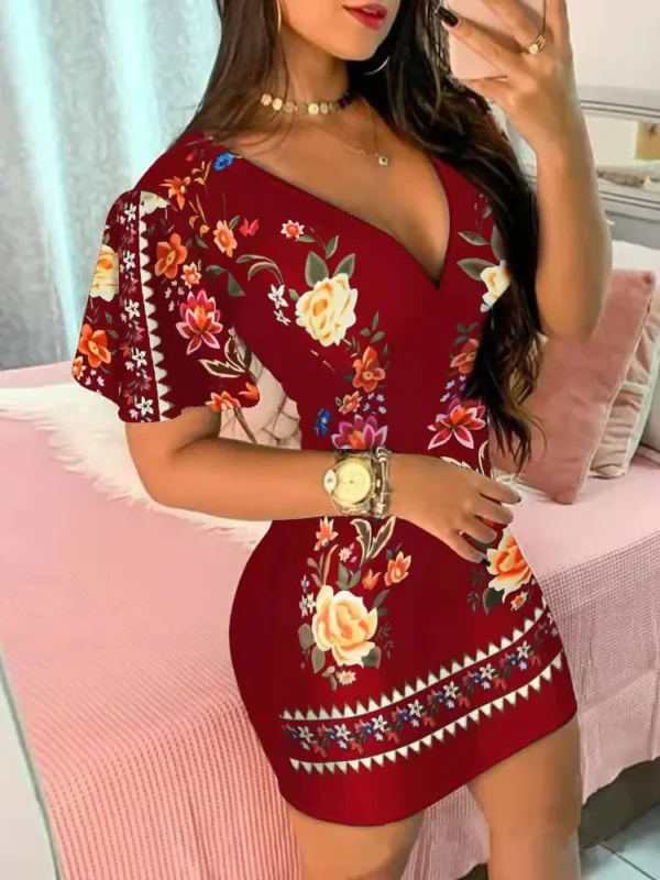 Summer Elegant Floral Print Bodycon Mini Dress Women 2024 Fashion Sexy Deep V-neck Package Hip Dresess Office Lady Party Dress - Image 4