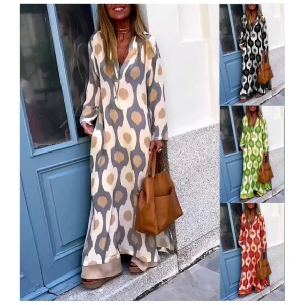 Spring Autumn Casual V Neck Long Sleeve Dress Women Fashion Geometric Printing Split Maxi Dresses Holiday Beach Boho Dress 2024 - Image 2
