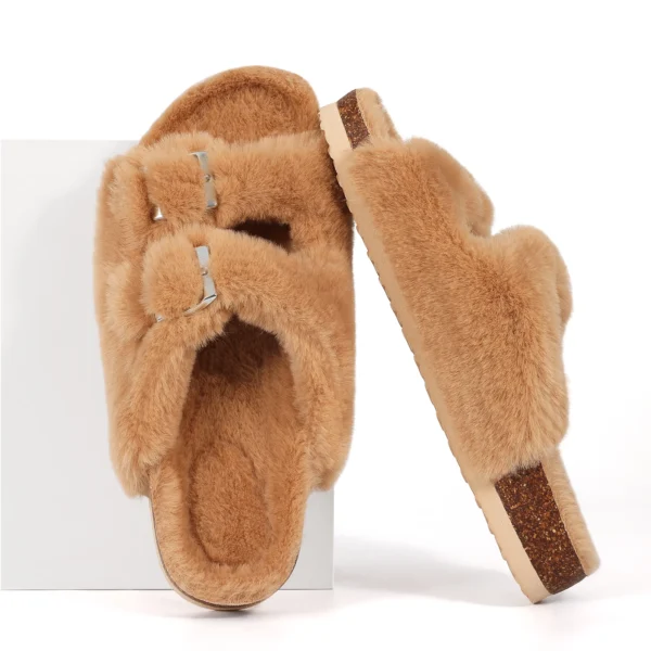 Comwarm New Fashion Fluffy Women Slippers Spring Autumn Home Plush Sandals With Double buckle Indoor Outdoor Open Toe Sandals - Image 3