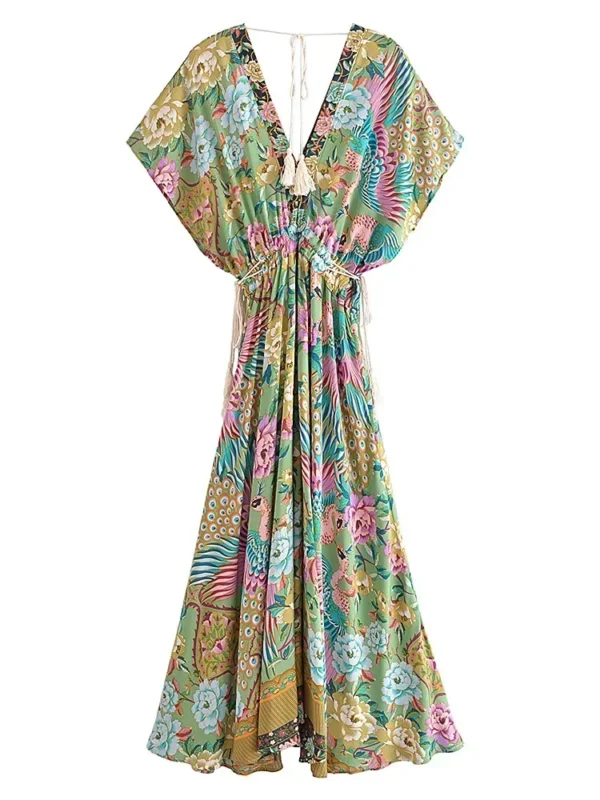 Vintage Chic Women Peacock Floral Print Bat Sleeve Beach Bohemian Maxi Dresses Ladies V Neck Tassel Summer Rayon Dress - Image 2
