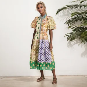 Turn-Down Lantern Sleeve Dress For Women Lace Up Single Breasted Dress Summer Casual Pattern Printed Patchwork Shirt Dresses