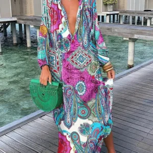 Women Boho Print Loose Beach Dress 2025 Spring Summer Elegant Deep V-Neck Maxi Dress Ladies Sexy Long Sleeve Oversized Dresses