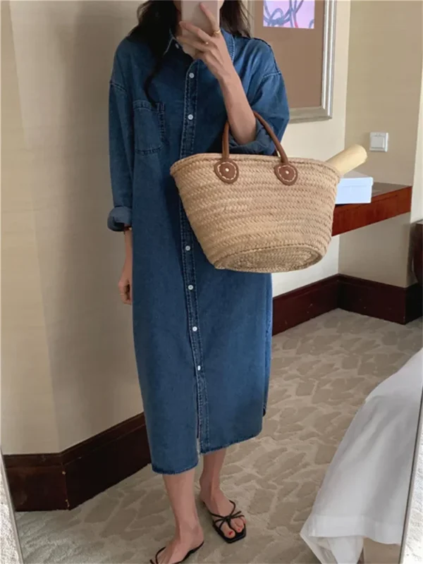 Spring Summer Women Casual Denim Shirt Dress Loose Long Sleeve Cardigan Dress Korea Ladies Womens Denim Shirt Long Dresses - Image 5