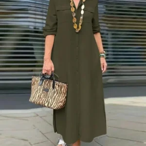 Autumn Women's New Elegant Solid Color Long Sleeved Fashionable Button Up Tie Pocket Plus Loose Casual Comfortable Dress