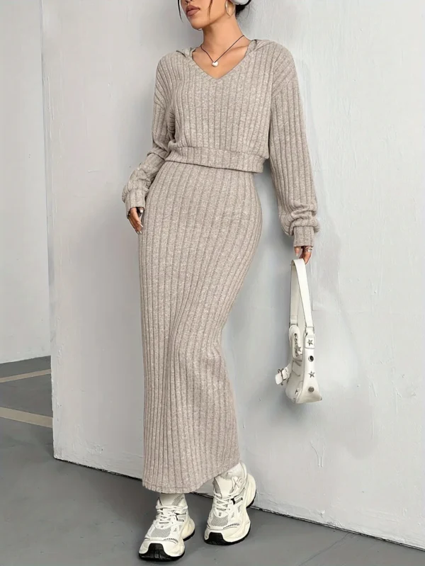 2024 Autumn/Winter New Style Casual Commuting Knitted Long Sleeve Set Hoodie Loose Dress Two Piece Set - Image 5