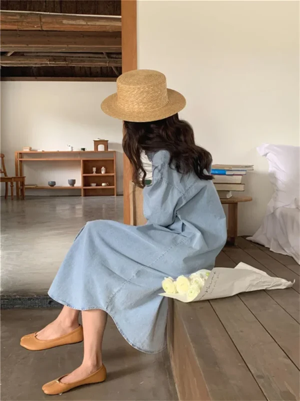Spring Summer Women Casual Denim Shirt Dress Loose Long Sleeve Cardigan Dress Korea Ladies Womens Denim Shirt Long Dresses - Image 2