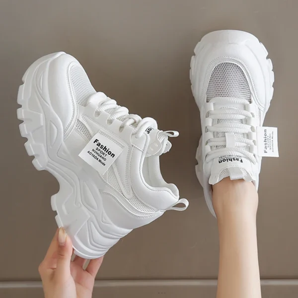 Whiet Breathable Chunky Sneakers Woman 2025 Spring Thick Platform Casual Sneakers Women Non Slip Lace Up Sports Shoes Female