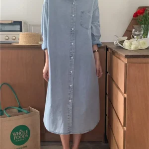 Spring Summer Women Casual Denim Shirt Dress Loose Long Sleeve Cardigan Dress Korea Ladies Womens Denim Shirt Long Dresses