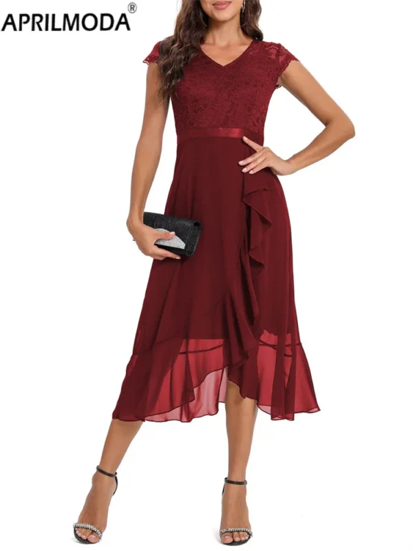 Elegant Chiffon Short Bridesmaid Dress V Neck Patchwork Lace Short Front Long Back High Low Prom Gowns Ruffle Office Aline Dress - Image 4