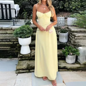 Ladies Fashion New Sexy Solid Color Slip Dress Lace-up Design Sense Elegant 2025 Summer A-line Long Dress Temperament Robe Femme