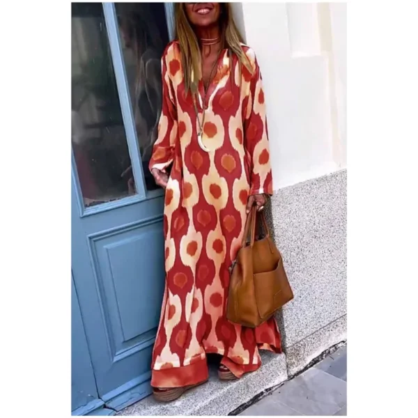 Spring Autumn Casual V Neck Long Sleeve Dress Women Fashion Geometric Printing Split Maxi Dresses Holiday Beach Boho Dress 2024 - Image 5