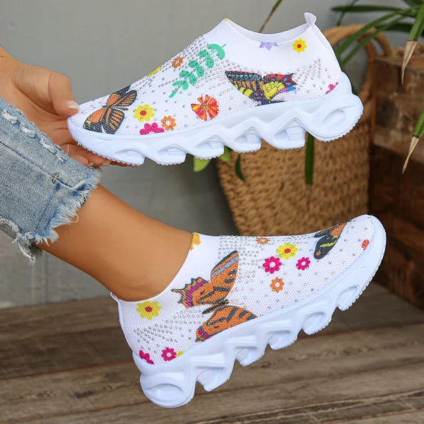 Crystal Floral Women's Knitted Sneakers Summer 2024 New Breathable Air Mesh Casual Shoes Woman Light Weight Walking Sports Flats - Image 4