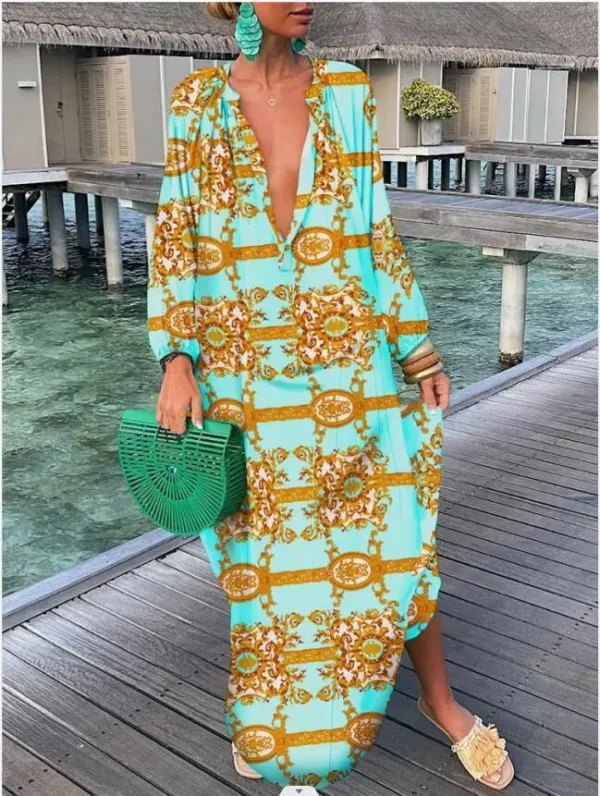 Women Boho Print Loose Beach Dress 2025 Spring Summer Elegant Deep V-Neck Maxi Dress Ladies Sexy Long Sleeve Oversized Dresses - Image 6