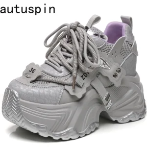 AUTUSPIN 10.5cm High Chunky Sneakers Women Fashion Increased Internal Height Ladies Shoes Outdoor Split Leather Footwear Woman