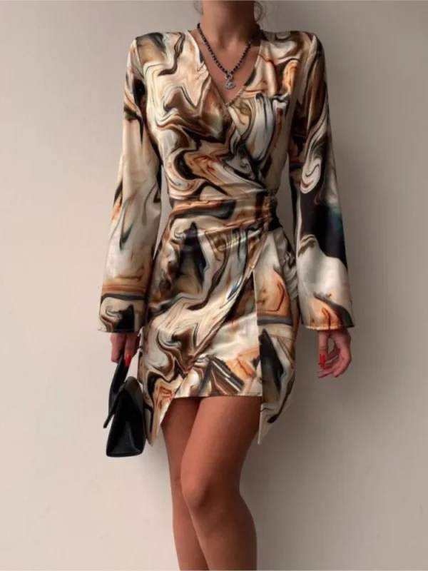 Women's Autumn New Long Sleeved Fashionable Printed Pleated Dress Sexy V-neck Irregular Casual Short Dress For Women - Image 2