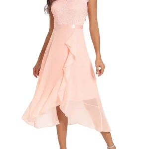 Elegant Chiffon Short Bridesmaid Dress V Neck Patchwork Lace Short Front Long Back High Low Prom Gowns Ruffle Office Aline Dress