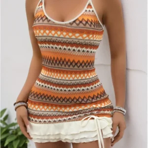 summer dress woman 2025 New beach vacation camisole short Dress colorful stripes knitted Lace drawstring dress Bodycon Dress