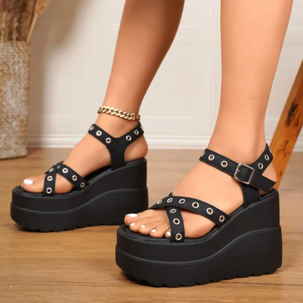 Women Sandals Summer Open Toe Buckle High Heels Shoes Black Punk Gothic Platform Sandals Sexy Rivets Thick Heels Shoes for Women - Image 6