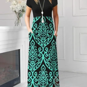 Women's Fashion Floral Print Round Neck Short Sleeve Dresses Temperament Commuting Female Casual Pocket Design A Line Maxi Dress