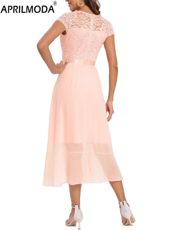 Elegant Chiffon Short Bridesmaid Dress V Neck Patchwork Lace Short Front Long Back High Low Prom Gowns Ruffle Office Aline Dress - Image 3