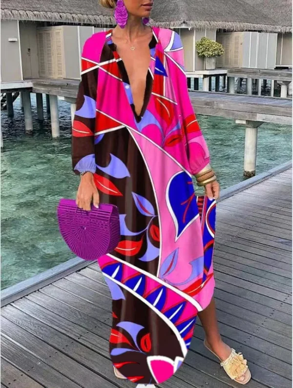 Women Boho Print Loose Beach Dress 2025 Spring Summer Elegant Deep V-Neck Maxi Dress Ladies Sexy Long Sleeve Oversized Dresses - Image 5