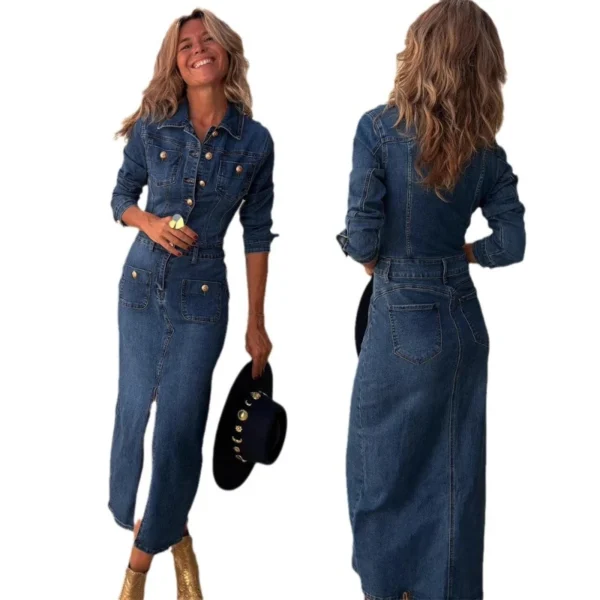 Denim Dresses Mid Length Dress Women Single Breasted Slim Fit Streetwear Turn Down Collar Elegant Long Party Club Vestidos Y2k - Image 5