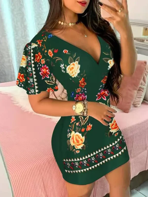 Summer Elegant Floral Print Bodycon Mini Dress Women 2024 Fashion Sexy Deep V-neck Package Hip Dresess Office Lady Party Dress - Image 3