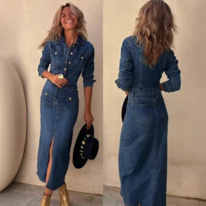 Denim Dresses Mid Length Dress Women Single Breasted Slim Fit Streetwear Turn Down Collar Elegant Long Party Club Vestidos Y2k